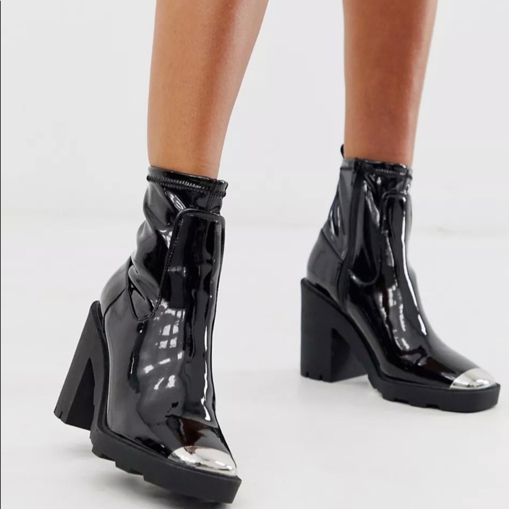 ASOS DESIGN Exchange chunky sock boots in black patent
